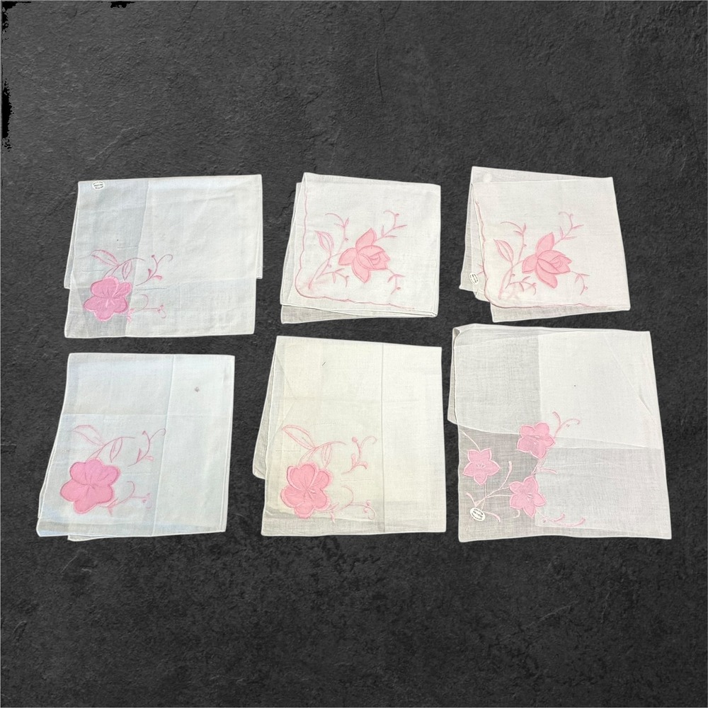 NOS Vintage Handkerchiefs White Pink Embroidered Floral Flowers Cotton Set of 6